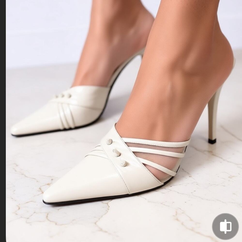 STUART WEITZMAN Ivory Leather Pointed Toe Slip On Designer Mule Heels Mesh 9.5B